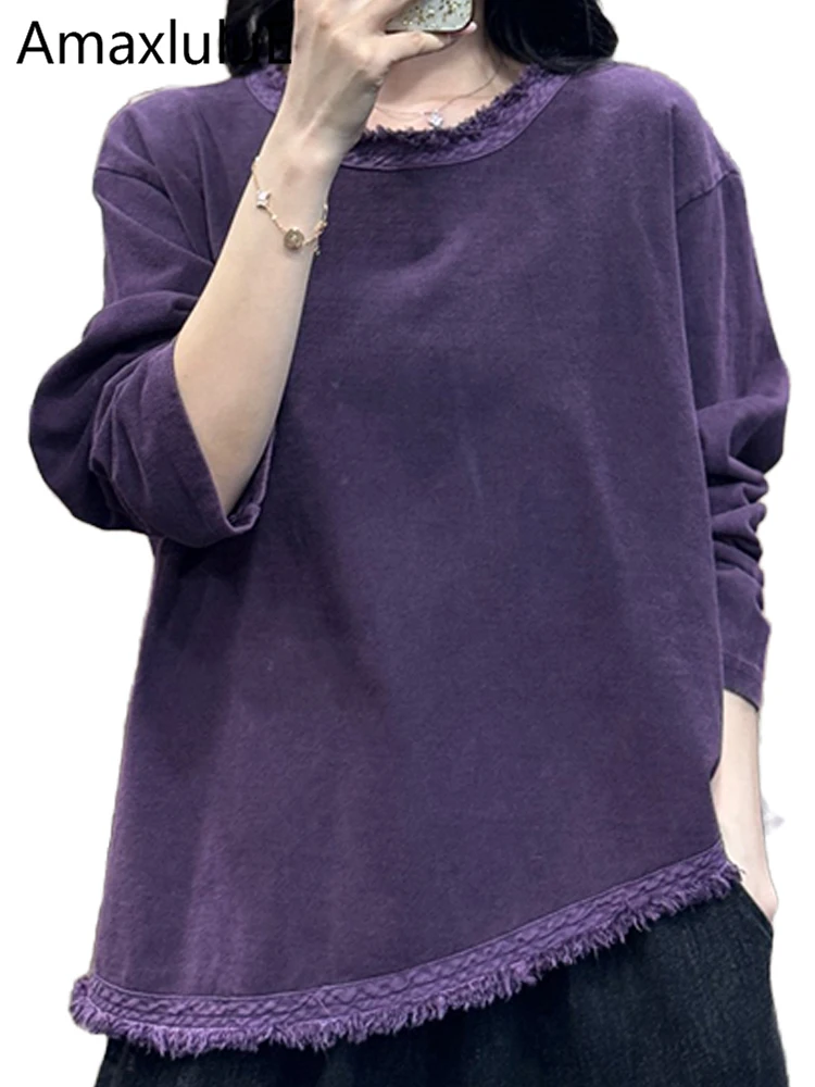 

Amax LuluE Womens Fashion Korean Luxury Tops Ladies 2025 Autumn Leisure Vintage Tee Shirts Loose Cotton O Neck Fitness Clothing