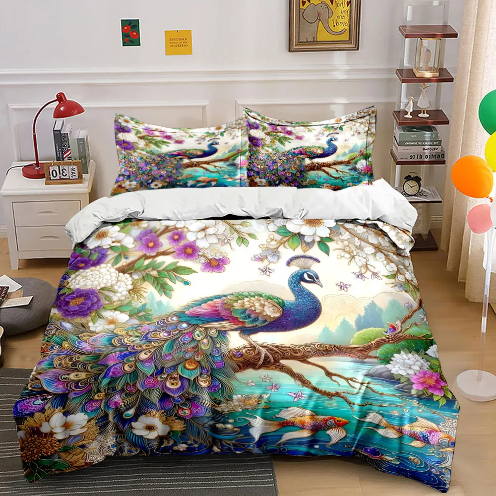 Elegant peacock and koi fish harmony Pattern Duvet Cover Set Digital Print Colorful Polyester Bedding with Zipper Closur