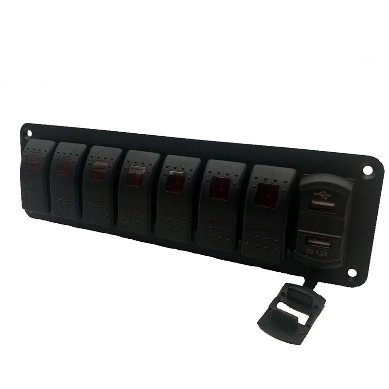 Car Waterproof Marine Boat Rocker Switch Panel 8 Gang 12V/24V Circuit Breaker Dual USB Slots Light Button