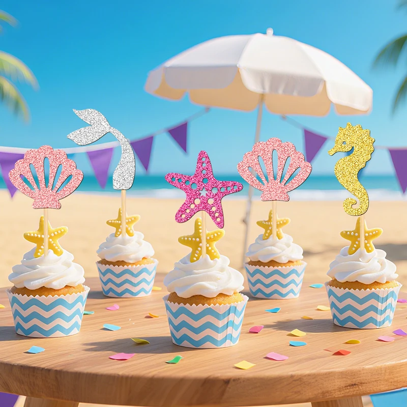 NUBECOM 24 Stück Meerjungfrau-Kuchenaufsätze für Pool- und Strandpartys, Cupcake-Topper, glitzernde Muschel, Seepferdchen, Seestern, Meerjungfrauenschwanz-Kuchen-Picks – Detail 8