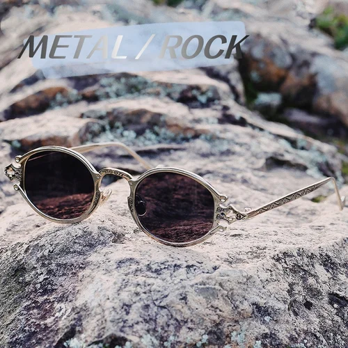 Imagen 1 del producto Gafas de sol estilo rock de metal para mujer, gafas de sol retro punk con montura ovalada grabada, gafas de sol de conducción geniales para hombre, cosas de marea callejera