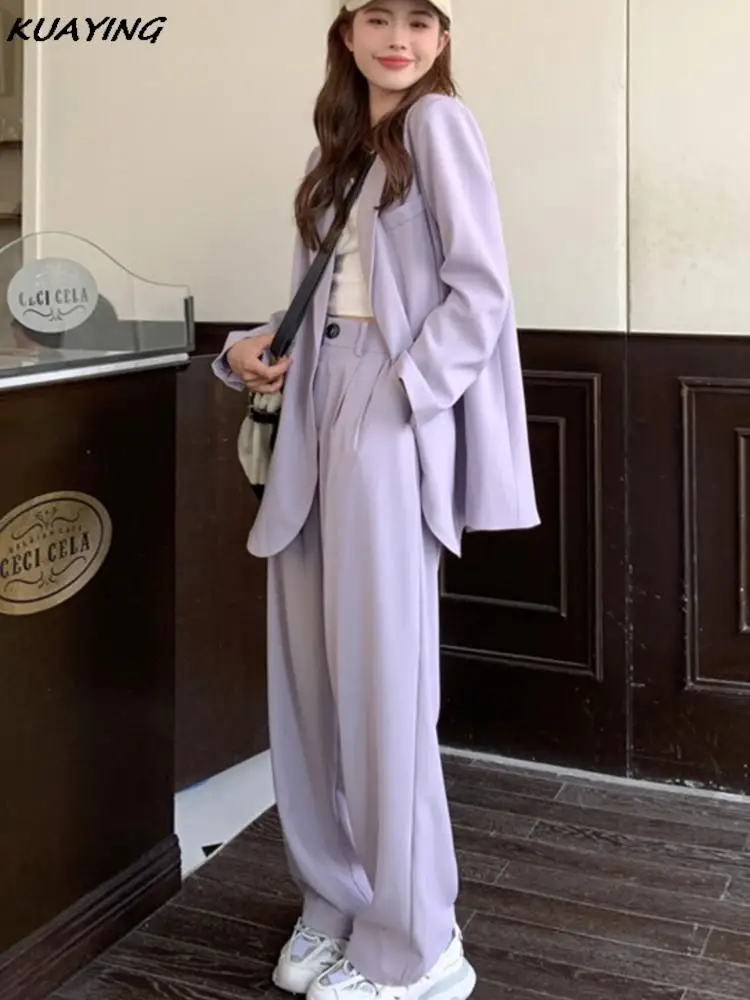 Vintage Purple Blazer Pantsuit for Women Korean Fashion Loose Jacket Pants 2 Piece Set Female Business Casual Trousers Outfits