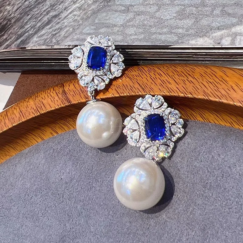 Chinese Pearl Diamond Earrings for Women Artificial Crystal Fashion Tanzanite Blue Gem Globular Pendant OL Holiday Gift