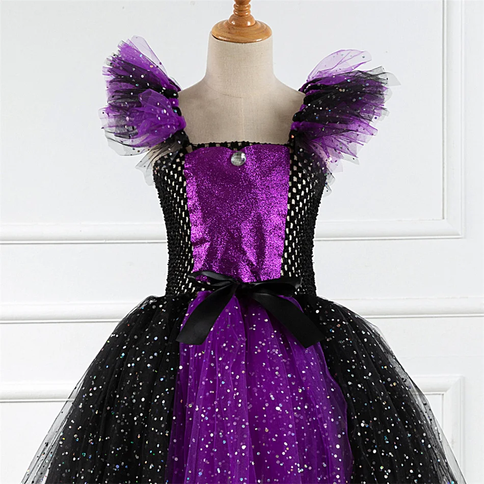 Maleficent Dress Girls Sequin Mesh Tutu Gown Witch Cosplay Dress Kids Halloween Costume Evil Queen Carnival Party Fancy Outfits