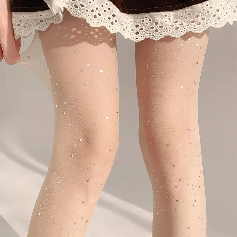 Nude Sheer Gold Glitter Dot Pantyhose Women, Sparkle Transparent Thin Tights for Wedding Lolita Date Party Daily Dress