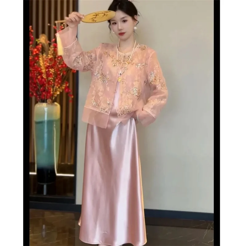 

Women Round Neck Maxi Dress 2PCS Summer Female Lace Embroidery Long Dresses Two-piece Set Spring Lady Long Sleeved Vestidos Suit