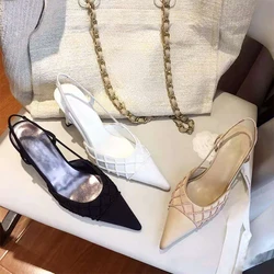 Socialite-style Beaded Quilted Pointed Toe French High Heels Summer New Silk Stiletto Heel Back Strap Sandals