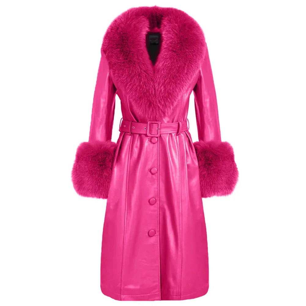 Denny&Dora Pink Women Real Fox Fur Collar Long Genuine Leather Coat - Trench Plus Size Coat