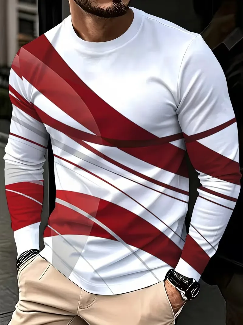 2026 men's new long sleeved round neck T-shirt, 3D simple and fashionable printing, casual and comfortable long sleeved top