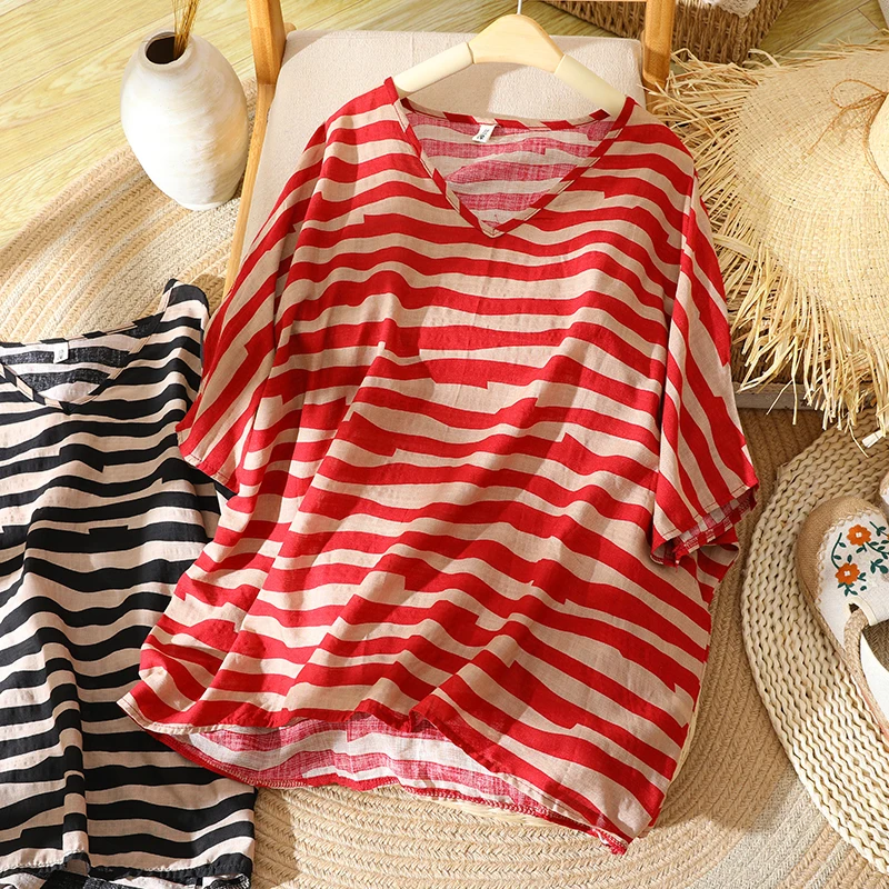 芸術的な大きいサイズの女性用コットンリネンTシャツVネバットウィングSve非対称サマートップカジュアル通勤Sleスリムフィット
