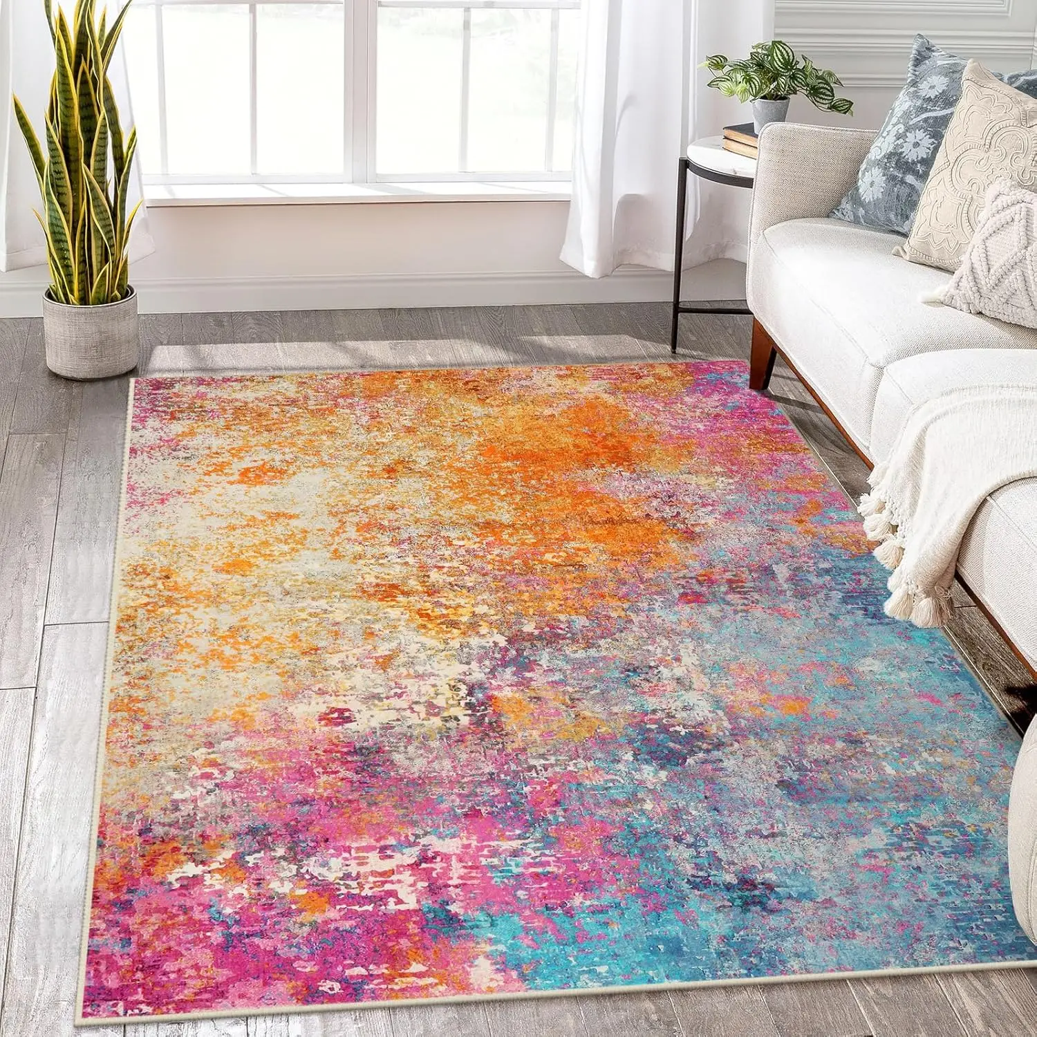 

Modern Abstract Washable 5x7 Area Rug for Living Room, Soft Non-Slip Low Pile Stain Resistant Carpet for Bedroom Office Decor