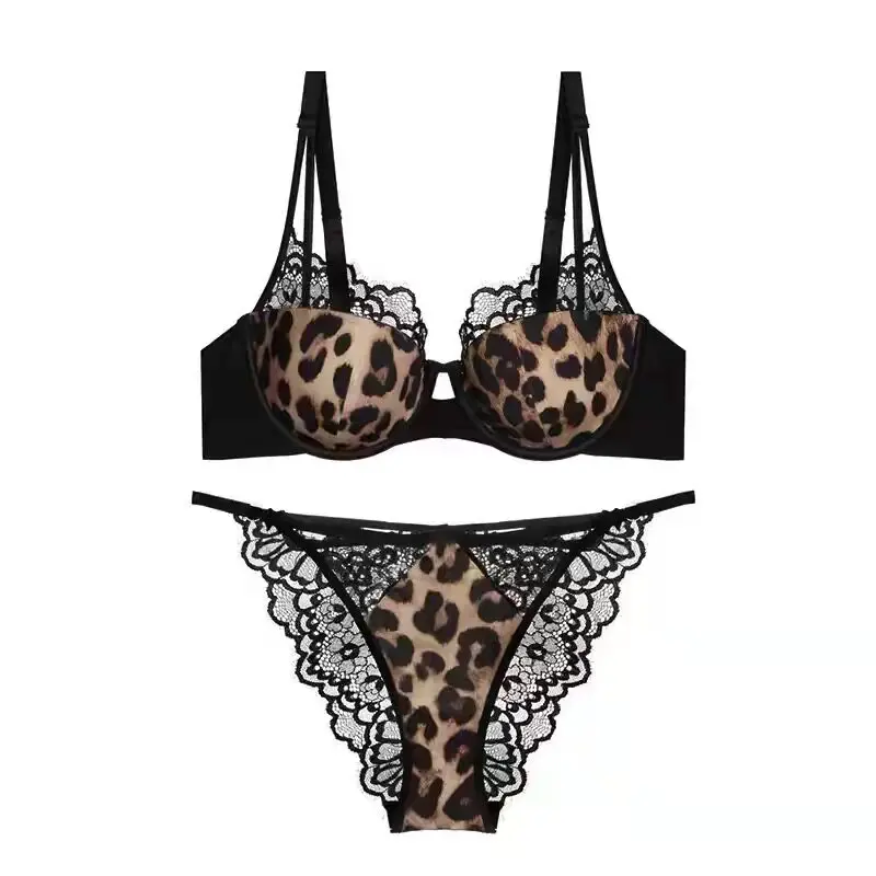 Women Stylish Delicate Leopard Print Thin Cup Underwear Set Push Up Anti Sagging Soft Underwire Side Fat Control Bralette
