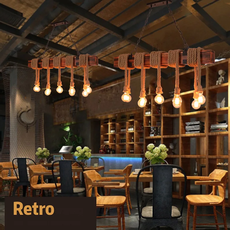 Retro Industrial Chandelier Solid Wood Hemp Rope Light Bar Restaurant Cafe Dining Room Pendant Lamp Wood Drop Light Hanging Lamp