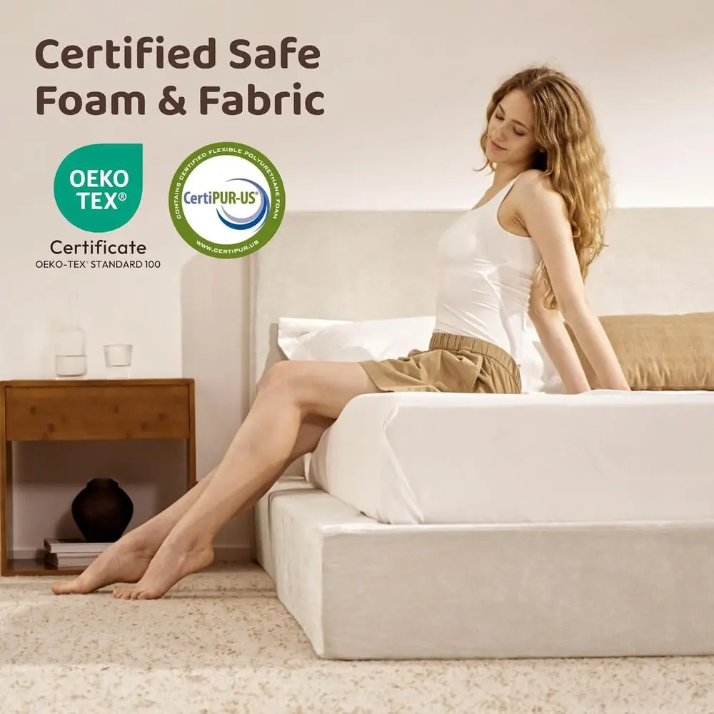 سرير كامل منجد كريمي RECCI مع لوح رأسي مبطن، 5 منصات إسفنجية، لا حاجة إلى صندوق زنبركي، سهل التجميع