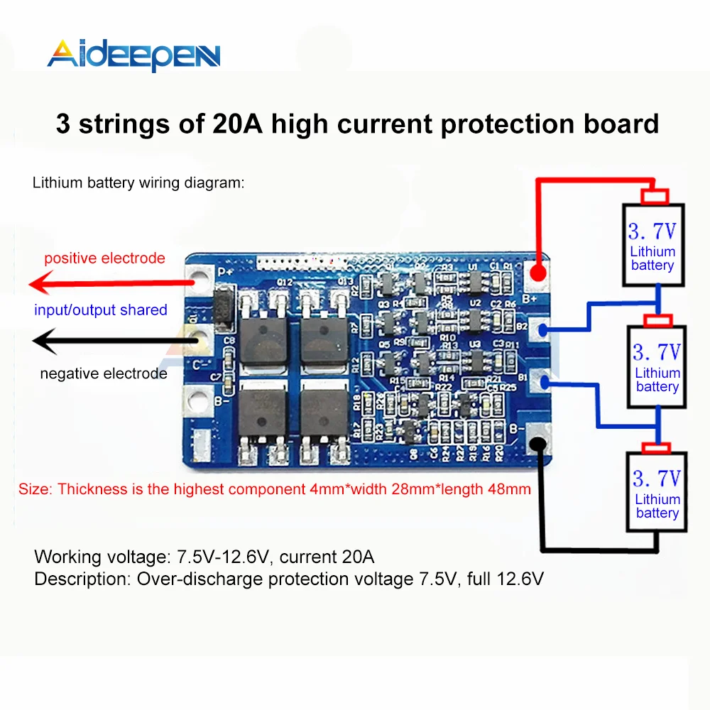 3S 20A 12V Lithium Battery Charger Protection Board Module 7.5V-12.6V for 18650 Li-ion Battery Cell Charging BMS