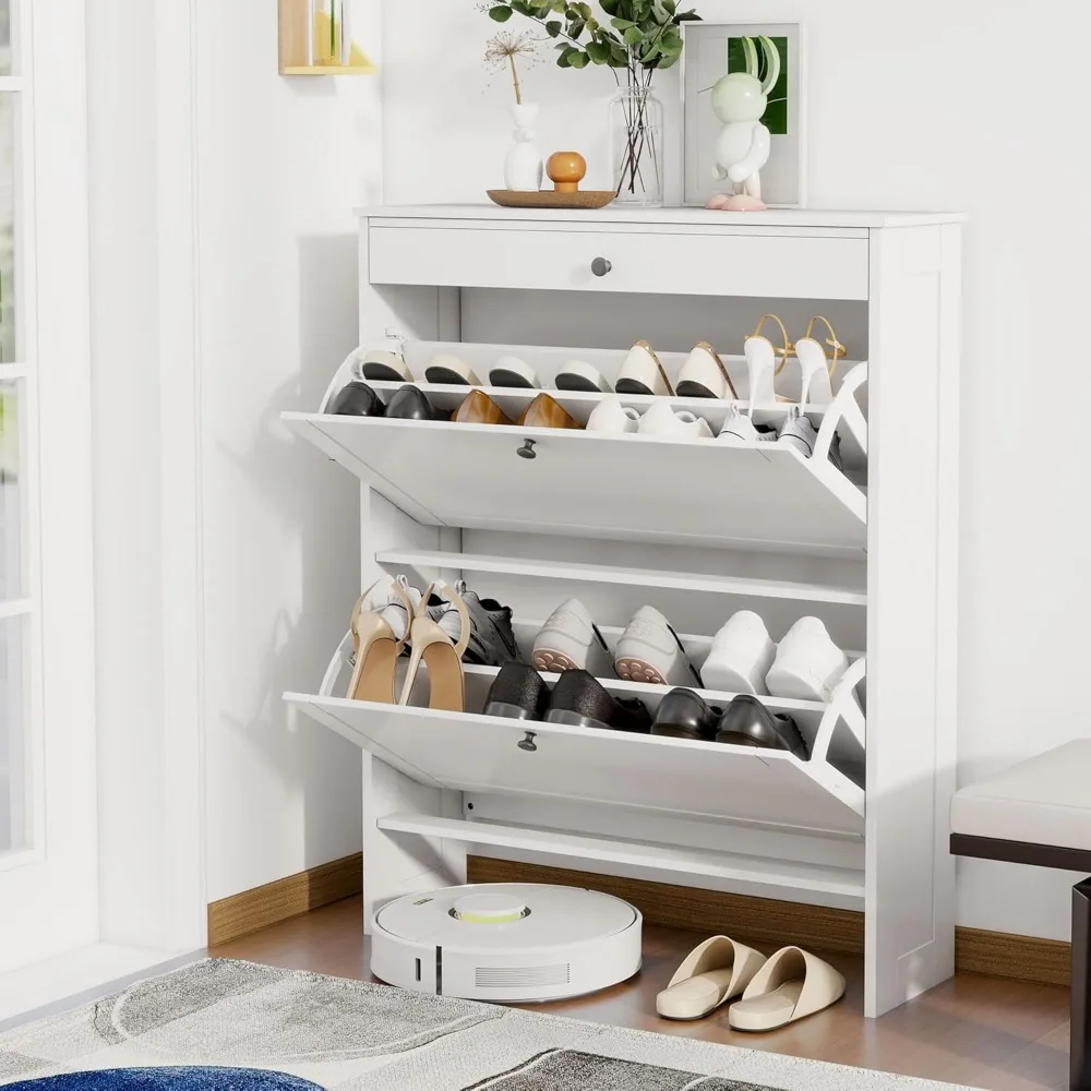 

Shoe Cabinet with Flip-Up Doors Drawer, Adjustable Shelves, Freestanding Narrow Shoe Storage Organizer for Entryway Hallway