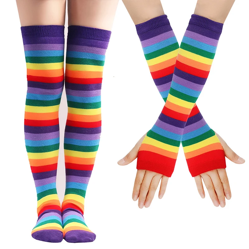 European and American children\'s stockings, over-the-knee socks, colorful striped gloves, color-blocking children\'s socks set