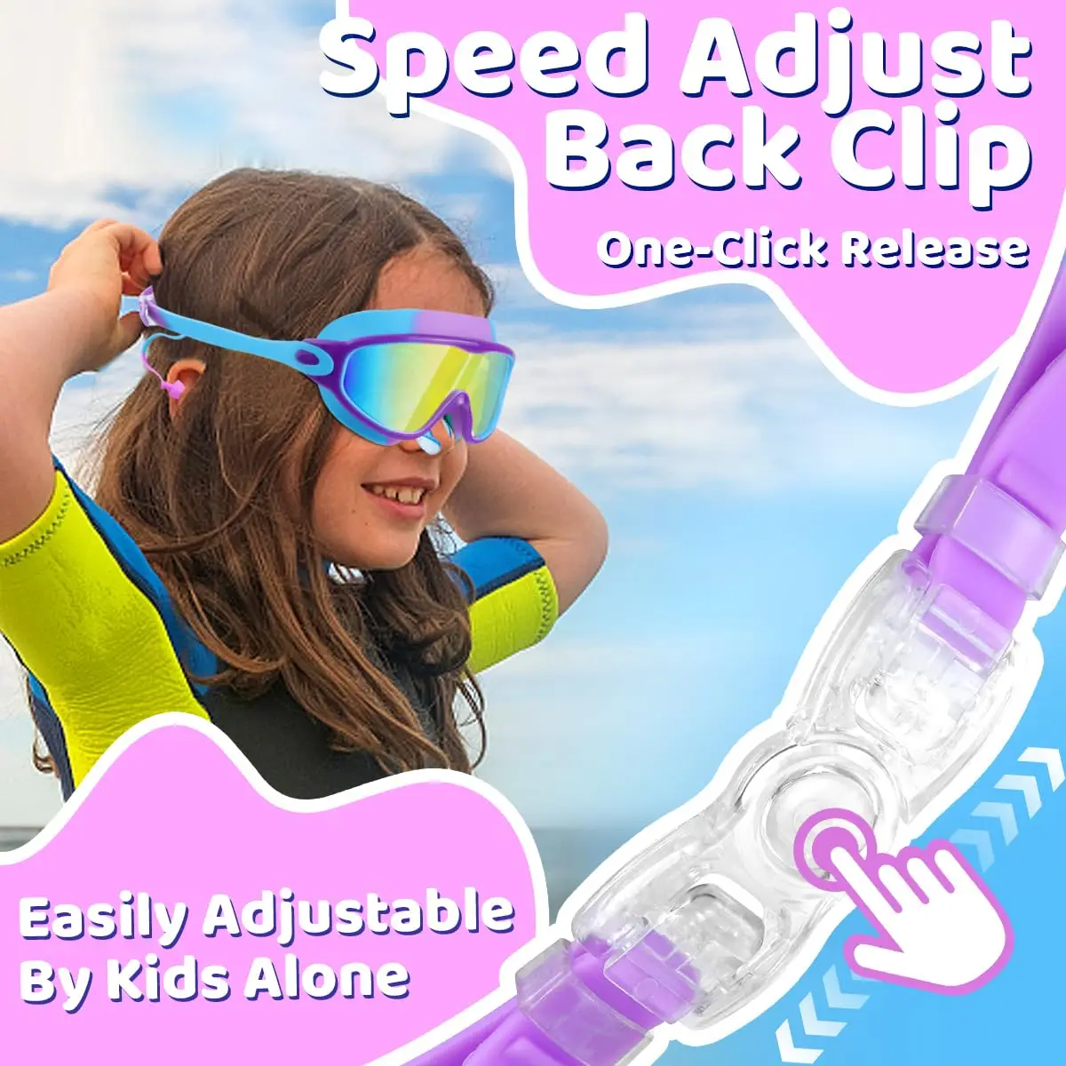 Easy Adjust Kids Swim Goggles, One-Button Design for Long Curly Hair, Anti-Fog UV Protection Leakproof Goggles for Young Swimmers view 8