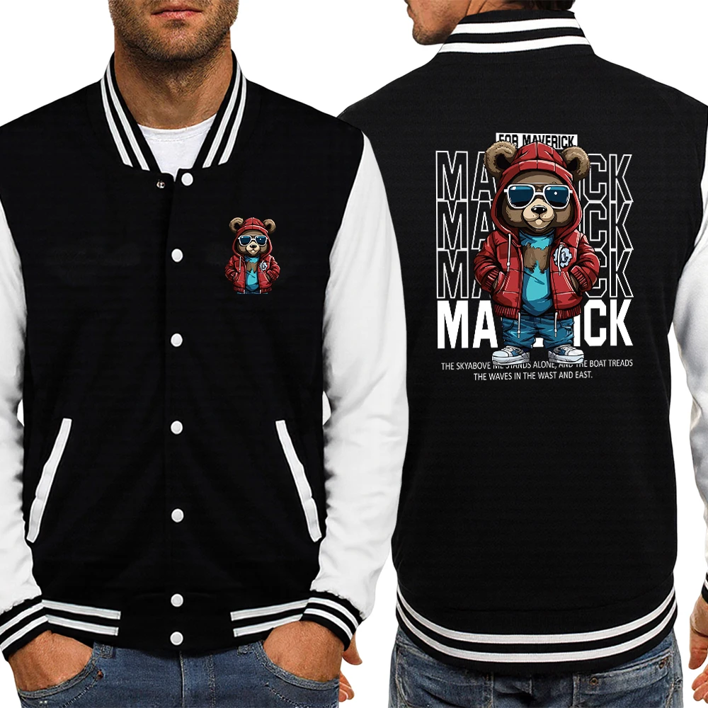 

Мужская униформа с принтом медведя Maverick Cool, удобные куртки в стиле Харадзюку, куртка с круглым вырезом и карманами, базовая модная одежда