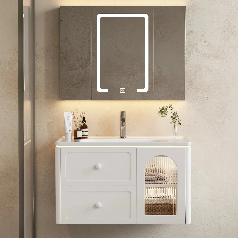 

Современная минималистичная одинарная раковина, плавающий туалетный столик для ванной комнаты, настенный, с дверцами из матового стекла и стильным открытым отделением