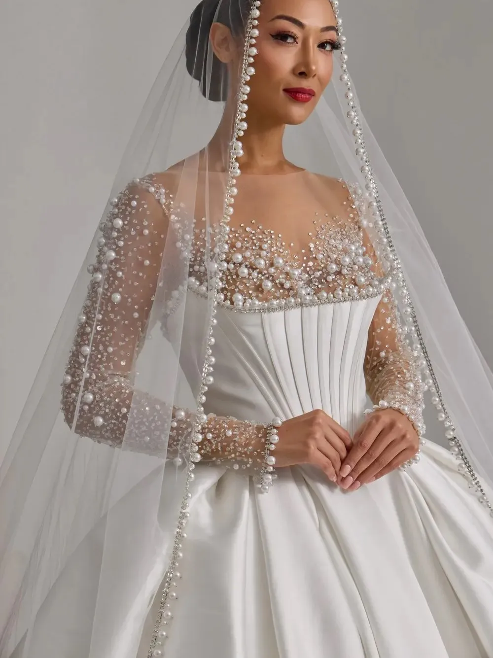 

High End A-line Wedding Dress 2026 Sheer O-neck Long Sleeves Illusion Pearls Satin Bride Bridal Gowns Vestidos De Noiva