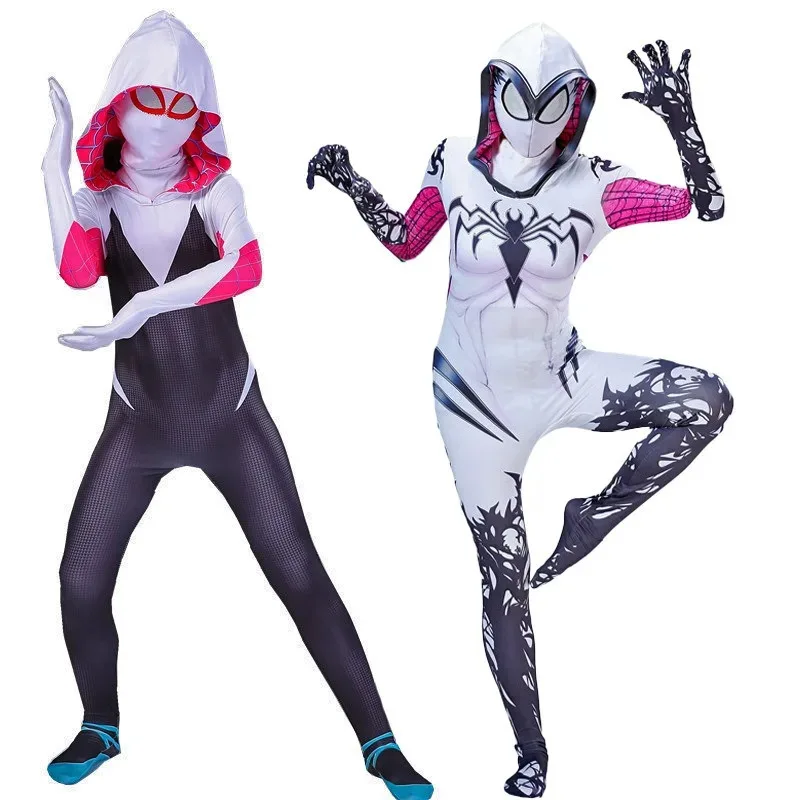 MINISO Women Girls Spider Costume Gwen Stacy Cosplay Girls Superhero Bodysuit Jumpsuits With Mask Halloween Carnival Clothes