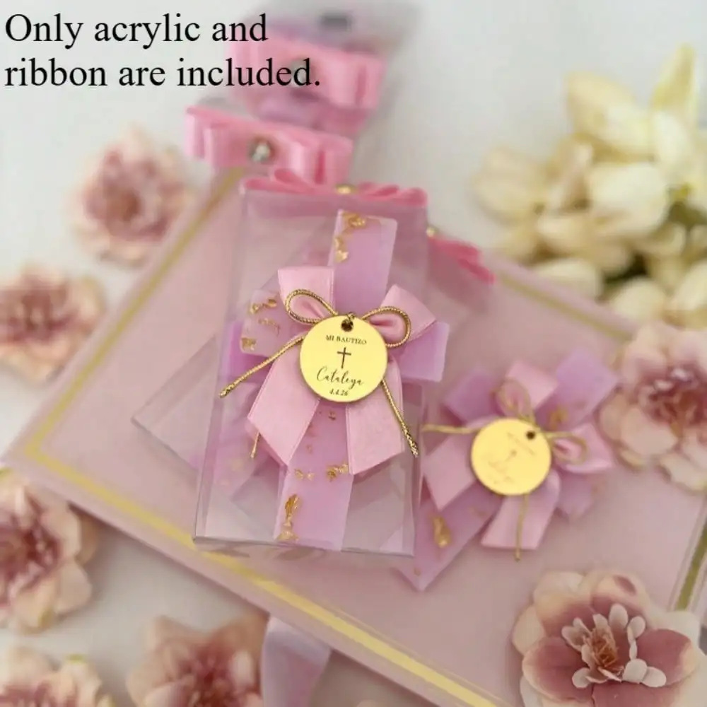 My Christening First Communion Cross Round Gold Acrylic Tags with Pink Purple Bows Custom Engraved Name Religious Party Favors