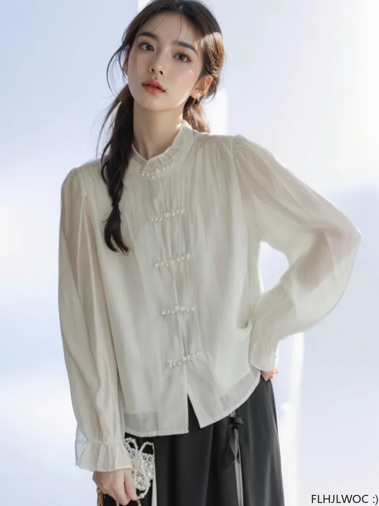 Chinese Style Chi-pao Collar Cotton Ruffles Beaded Tops 2024 Autumn Long Sleeve Women Date Girls Cute Retro Shirt Blouse Vintage