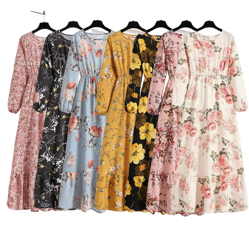 長袖花柄ワンピース レディース プラスサイズ 2026 ボヘミアン マキシワンピース スモックウエスト ラウンドネック カジュアル