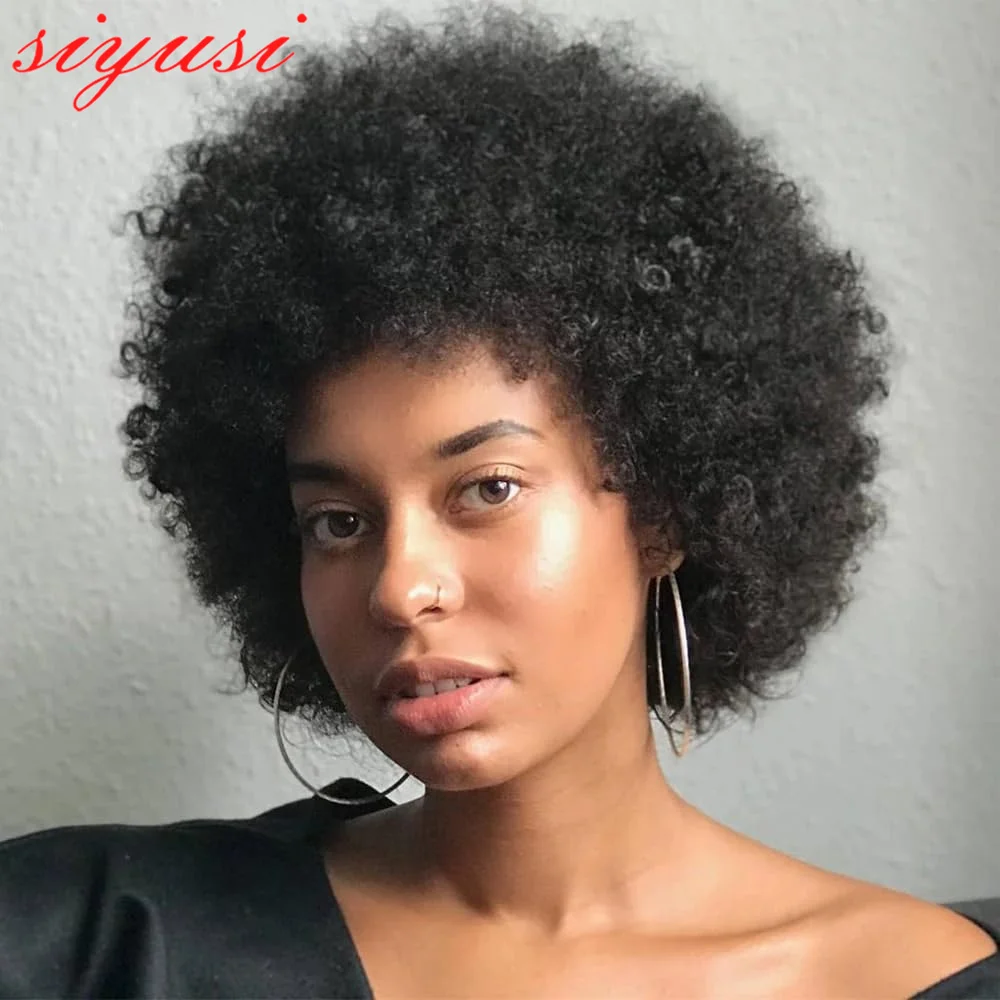 Perruques de cheveux humains bouclés Afro courts 8 pouces perruque de cheveux Afro bouclés malaisiens Remy pleine Machine faite perruques de coupe de lutin avec frange pour les femmes