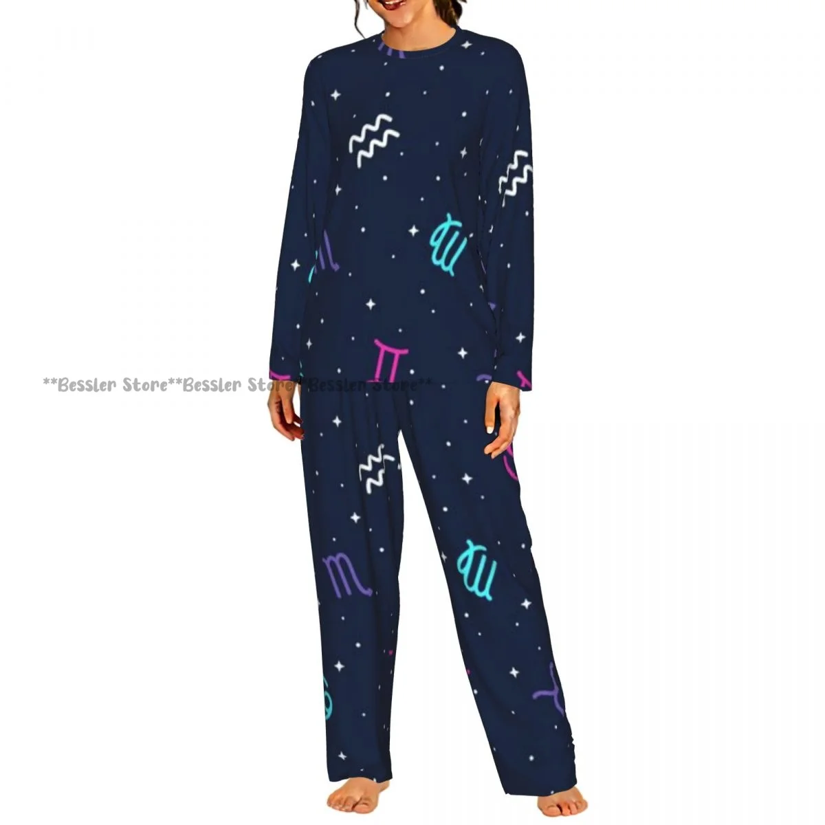 Women Round Neck Pajama Suit Long Sleeve Tops Long Pants Zodiac Horoscope Colorful Pattern Ladies Nightwear Home Outfit