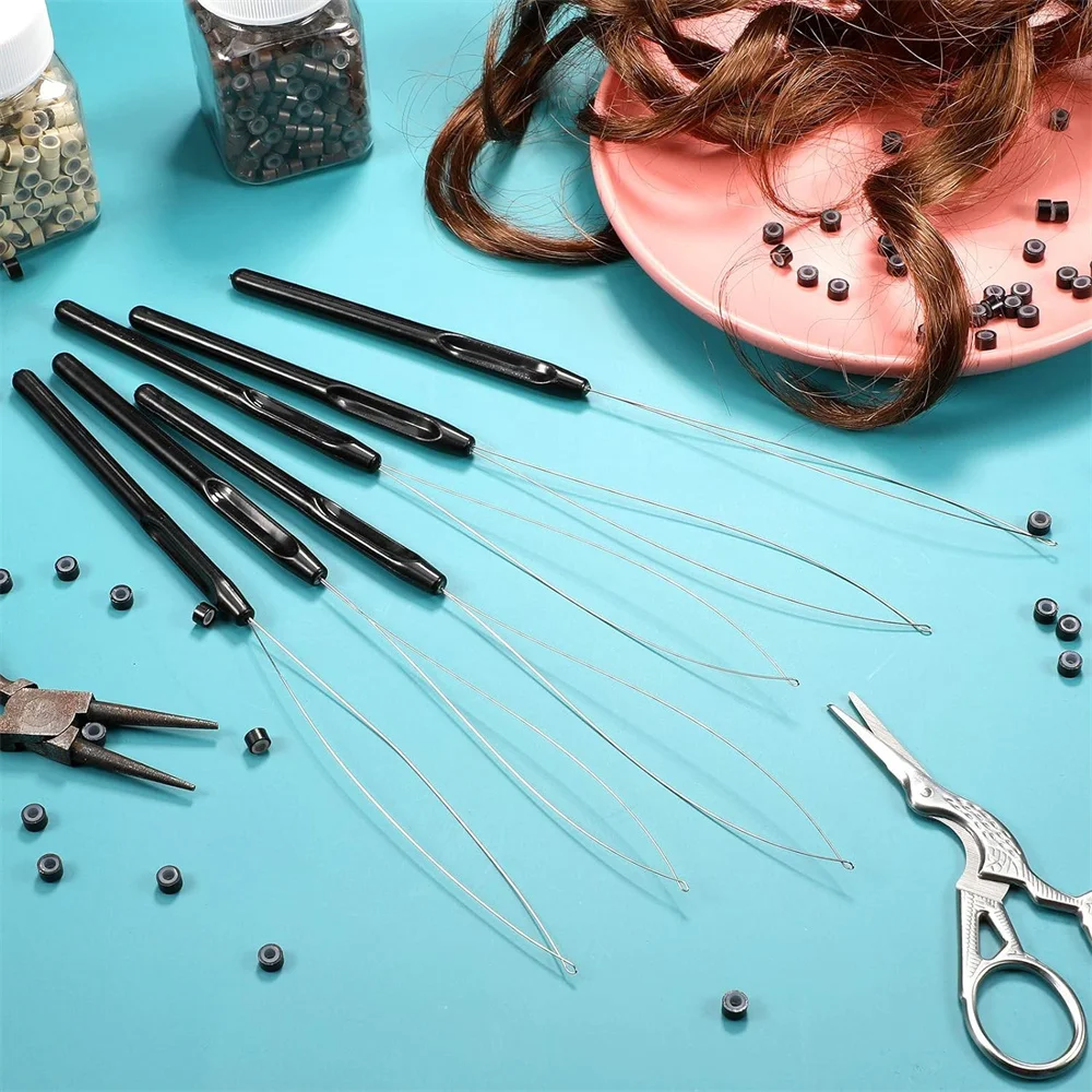 10pcs/pack New Style Hair Extension Loop Needle Threader Pulling Hook Tool and Bead Device Tool Black Loop Threader for Hair image 3