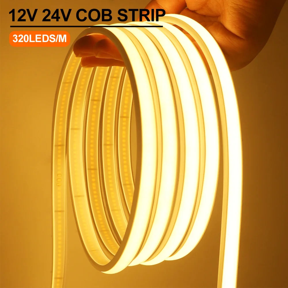 

High Bright COB LED Strip Light 12V 24V 320Leds/m CRI RA90 Waterproof FOB LED Tape For Bedroom Kitchen Lighting 3000K 6000K