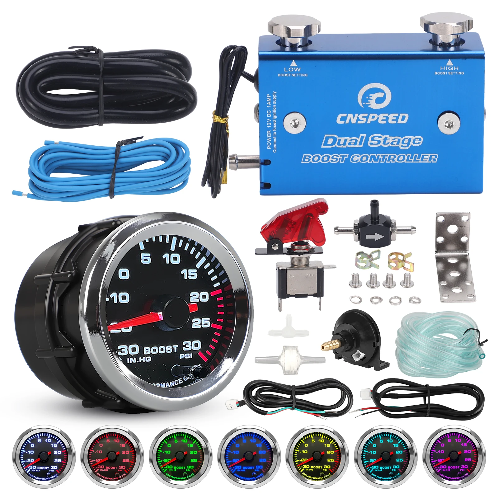 Blue Car Dual Stage Electronic Turbo Boost Controller Kit And 12V DC 52mm 7 Colors Boost Gauge PSI Kit Turbo Chargers Kit