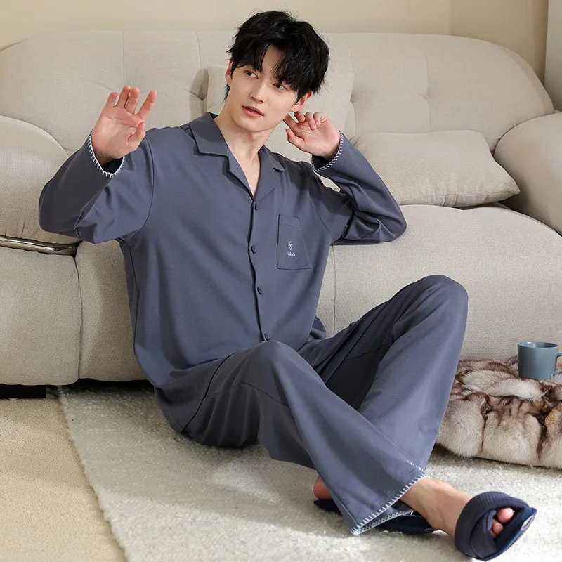 Korean Fashion Cotton Nightwear for Men Cardigan Sleeping Top Long Pant 2pcs/set Nightwear Male Pjs Pyjamas Hombre Dropship