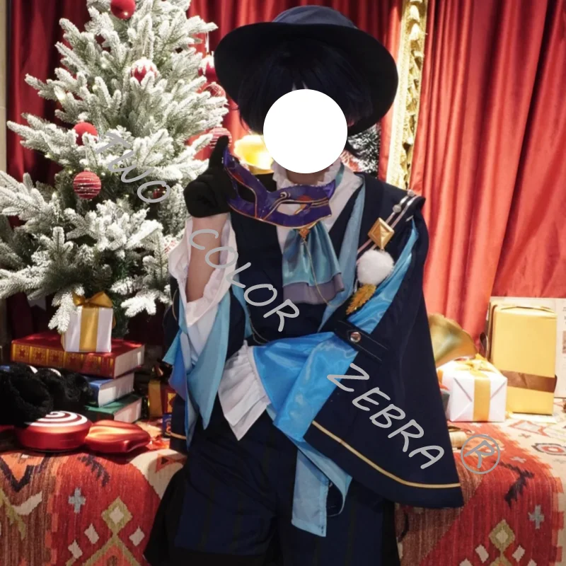 FES Wanderer Balladeer Cosplay Costume Genshin Impact Navy Blue Printed Short Cape Waistcoat Shirt Bow Tie Striped Shorts Gloves - view 6