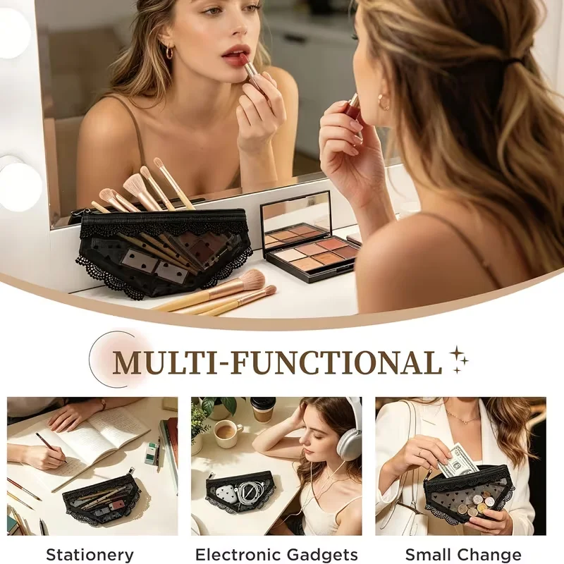 2 Lace Mesh Cosmetic Bags - Cute Underwear-Shaped Storage Bags, Portable Makeup Storage Bags, Can Hold Lipstick, Eyebrow Pencil, Makeup Brushes, and Are Easy to Carry When Traveling - view 6