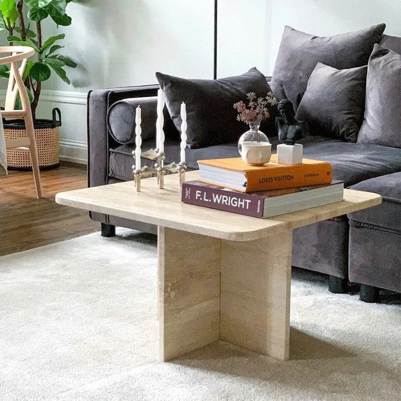 Y1 smt1 Nordic natural travertine coffee table wabi sand wind square simple modern living room sofa creative small tea table