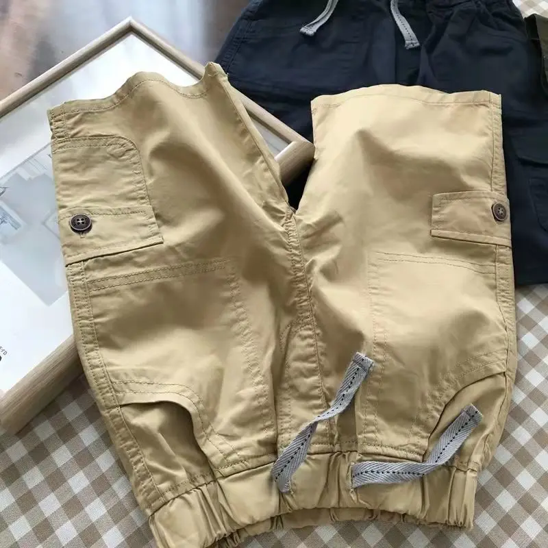 Summer Boys Clothing Casual Thin Fashion Trend All-match Solid Color Elastic Waist Spliced Pocket Drawstring Cotton Loose Shorts