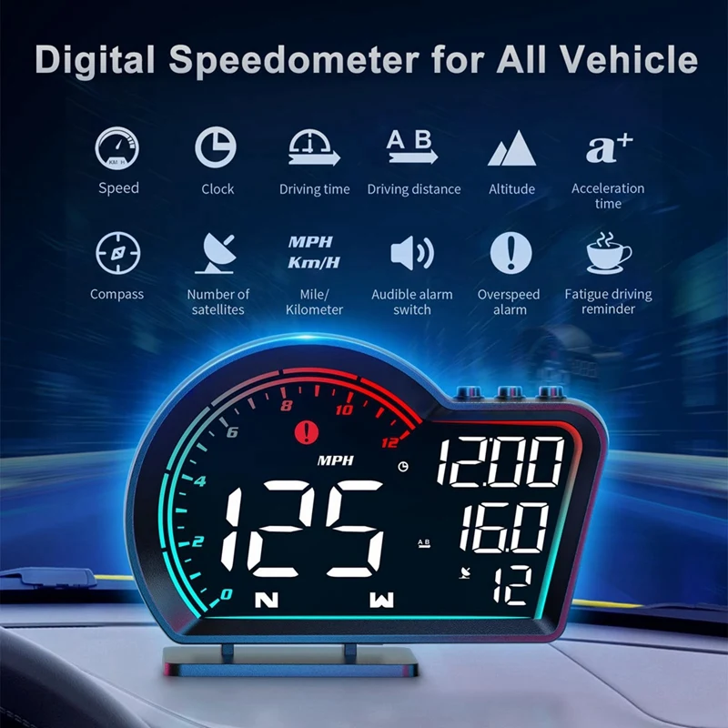 Digital GPS Speedometer Universal Car Accessories Head Up Display With Speed MPH Compass Direction Fatigue Driving Reminder