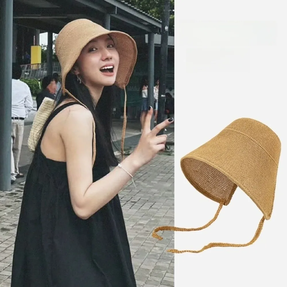 Big Wide Brim Linen Straw Bonnets Adjustable Straps Lace Up Closure Wide Brim Sun Hat Round Top Bow Accent Cloche Hat