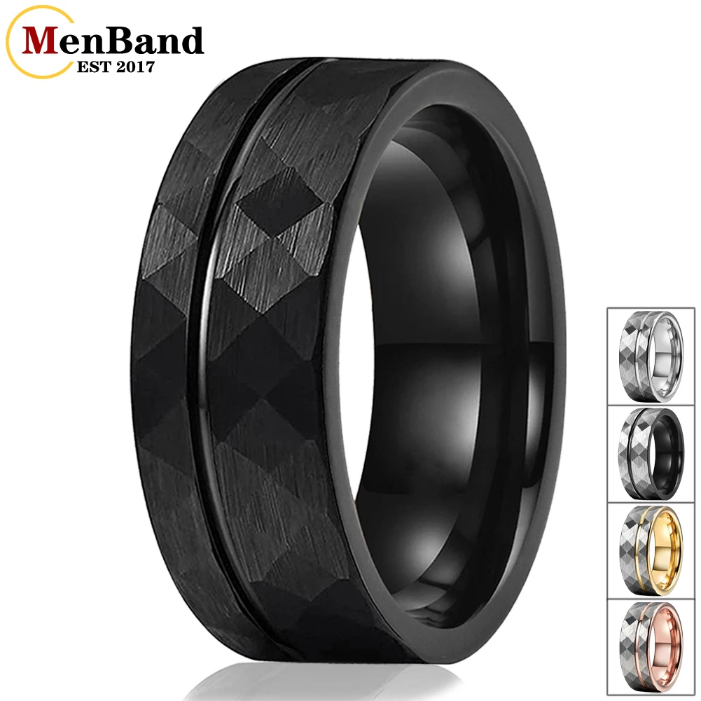 MenBand 8mm Fashion Hammer Ring Mens Womens Flat Tungsten Engagement Wedding Band Offset Groove Comfort Fit