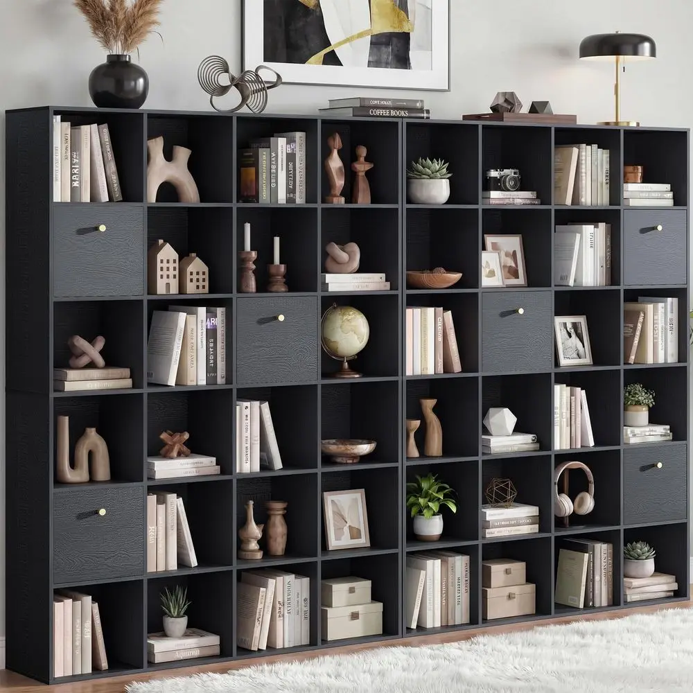

Cube Storage Organizer 2Pack, 24 Open Shelves Bookcase with 3 Storage Bins, Black Book Case Set with Wood Grain, Freestanding B