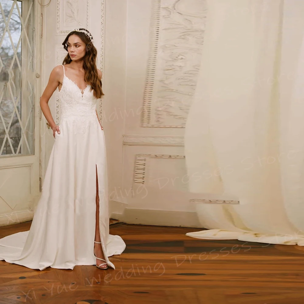 Vestidos De novia De corte en A para mujer, trajes De novia con apliques elegantes, bonitos tirantes finos, Espalda descubierta, abertura lateral