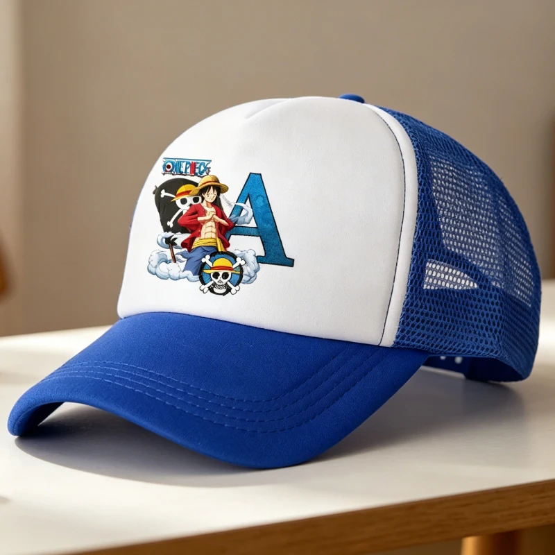 Gorra de béisbol de One Piece Luffy para adultos y niños, gorra de malla transpirable de verano con letras A-Z, gorra de béisbol de anime, gorra para padres e hijos, regalo Peacoat