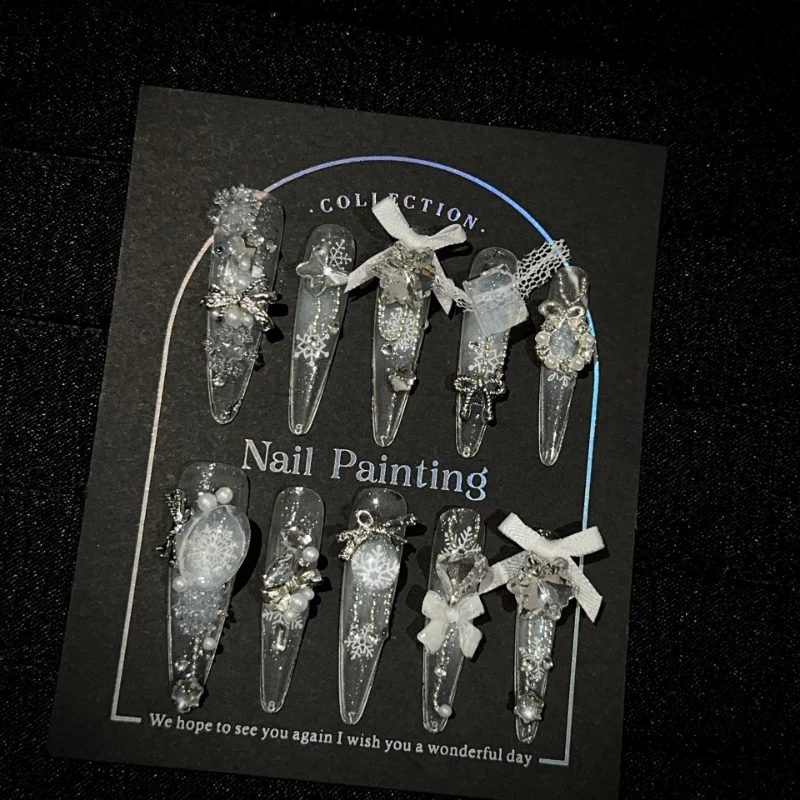 10 Pcs Handmade Long Stiletto Press on Nails Clear Glitter Fake Nails with Snowflake Bow  Pearl Charms Manicure