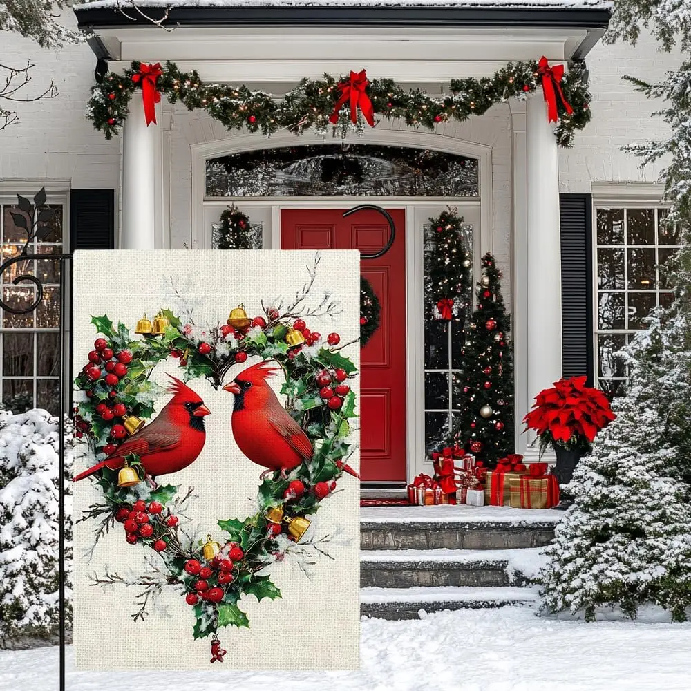 Winter Cardinal Bird Garden Flag for Outside Red Birds Love Hearts Welcome Yard Flag 12x18 Inch Double Sided Burlap Christma KKW