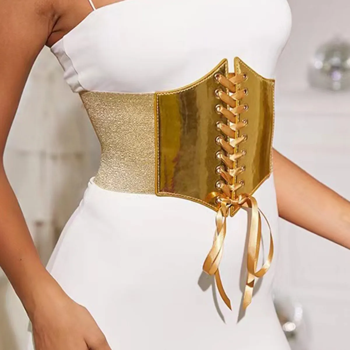 Cinturón elástico de moda en oro y plata para mujer, cinturón ancho de cuero PU con cordones, correa para la cintura, faja decorativa para vestido, falda o abrigo.