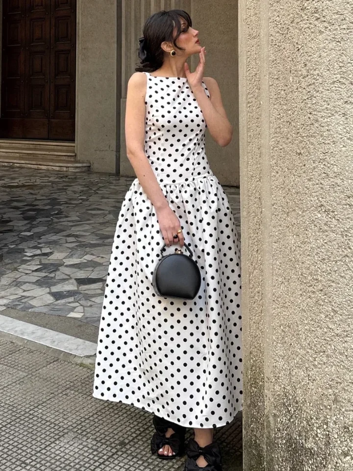 Elegant Solid Polka Dot Pleated Slim Vestido Women Chic Sleeveless Off  Shoulder Round Neck Maxi Dresses Summer Dinner Party Wear - AliExpress  200000345