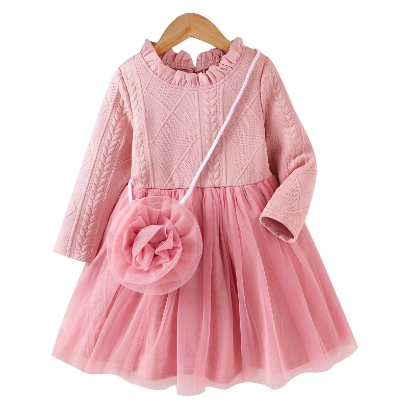 

Autumn Hot Sale New Girls' Mesh Princess Dress Solid Color Round Neck Ruffled Long Sleeve Mesh Dress